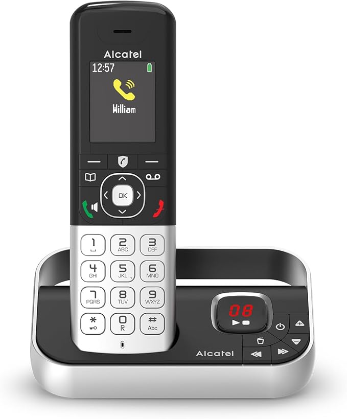 ALCATEL FX990 Voice - Teléfono inalámbrico DECT con contestador - Pantalla gráfica color de alta resolución - Manos libres - Bloqueo de llamadas - Tono VIP - Contestador automático 50 min - Negro/Gris