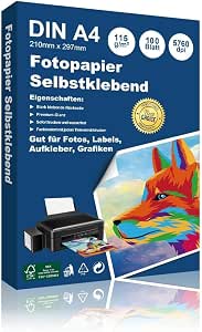Hepta Print Papel fotográfico A4, brillante, autoadhesivo, 100 hojas de papel adhesivo para fotos, etiquetas, pegatinas impermeables para impresoras de inyección de tinta, calidad fotográfica