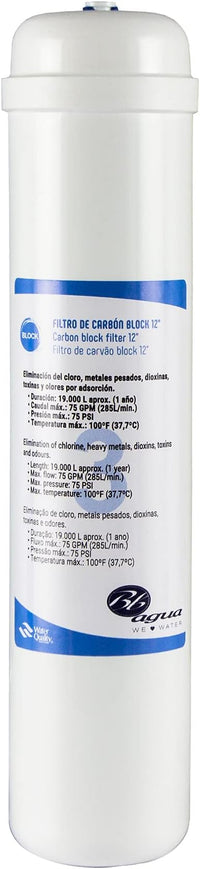 Filtro de Carbón Block Inline de 12 pulgadas con Conexión Rápida para Sistemas de Purificación de Agua - Elimina Impurezas y Contaminantes, Garantizando un Agua Pura y Saludable. Bbagua.