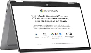 HP Chromebook x360 - Ordenador portátil de Google 14" FHD (Intel N100, 4GB RAM, 128GB eMMC, ChromeOS) + Suscripción Google AI Pro con Gemini Pro y 2TB de almacenamiento durante 3 meses -QWERTY Español