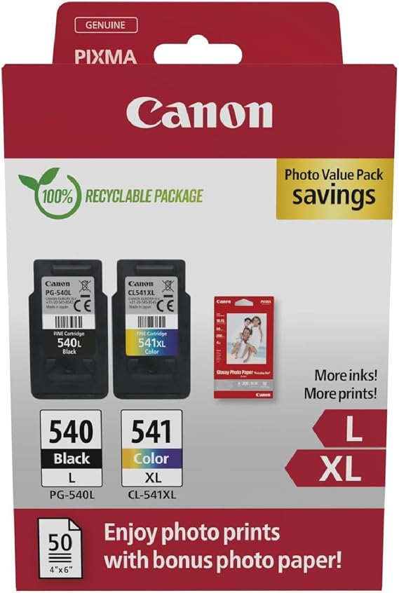 Canon PG-540L + CL-541XL, Cartuchos de Tinta Original, 1 Cartucho de Tinta Independiente en Color Negro y 1 Cartucho Multicolor, Incluye 50 Hojas Papel Fotográfico 4 x 6