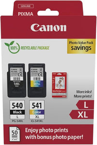 Canon PG-540L + CL-541XL, Cartuchos de Tinta Original, 1 Cartucho de Tinta Independiente en Color Negro y 1 Cartucho Multicolor, Incluye 50 Hojas Papel Fotográfico 4 x 6