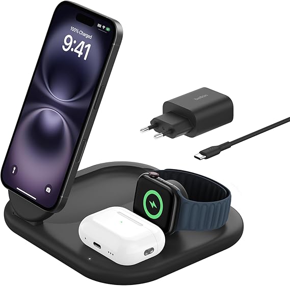 Belkin BoostCharge Cargador Magnético Plegable 3 en 1 con Qi2 de 15W, Estación de Carga Rápida compatible con MagSafe, para iPhone 17, Air, Pixelsnap, Apple Watch, AirPods, base antideslizante - Negro