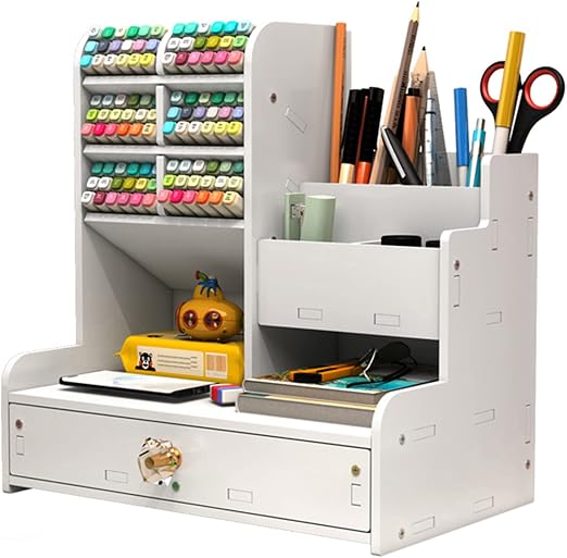 Vikmyer Portalápices de Madera, Organizador de Escritorio Papelería Multifuncional Caja de Soporte para Bolígrafos para Oficina en Casa útiles Escolares Estante de Almacenamiento (Blanco-pb17)