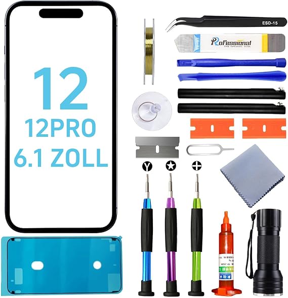 Tpyag Para iPhone 12/12 Pro Display,Frontglas Display para iPhone 12/12 Pro de 6,1 pulgadas, kit de reparación de pantalla con adhesivo impermeable (no LCD ni digitalizador táctil)