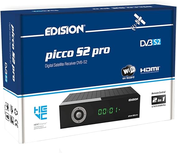 EDISION Picco S2 Pro Full HD Receptor de satélite Digital DVB-S2 H.265 HEVC, WiFi a Bordo, Multistream, HDMI, SCART, SPDIF, USB, IR, Lector de Tarjetas, Mando a Distancia Universal 2en1