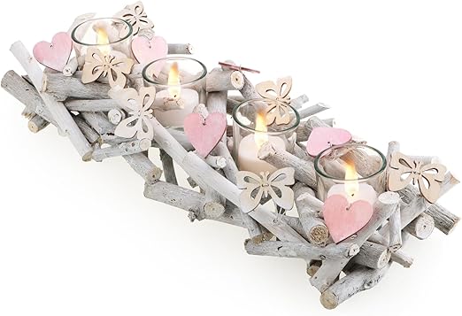 COM-FOUR® Portavelas de Madera - Portavelas con Mariposas y Corazones - Cuenco de luz de Madera - Plato para Velas Moderno como decoración de Mesa - Linterna Decorativa (Portavelas-Blanco)