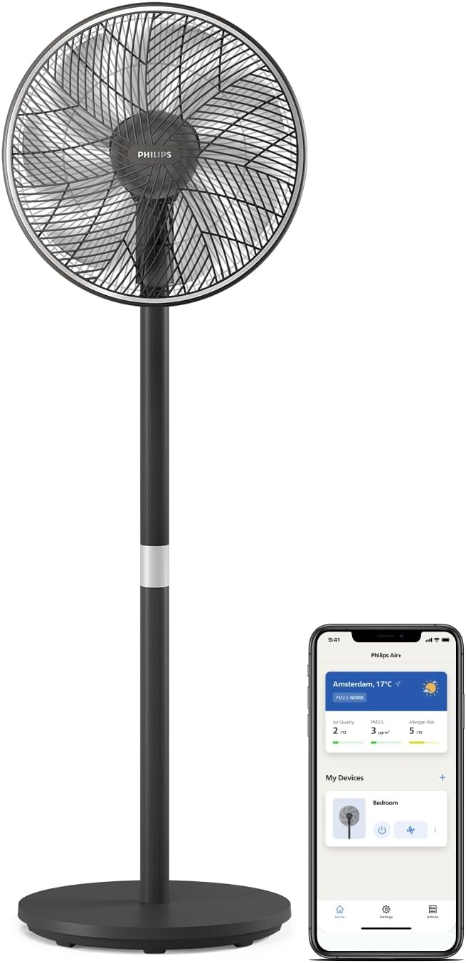 PHILIPS Serie 3000 Smart Ventilador de pedestal. Ultrasilencioso con tecnología SilentWings. 19 dB. Ventilador 2 en 1. Inclina y gira. Control con App. Temporizador de 12 h. Negro (CX3550/01)