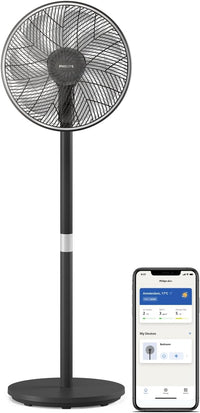 PHILIPS Serie 3000 Smart Ventilador de pedestal. Ultrasilencioso con tecnología SilentWings. 19 dB. Ventilador 2 en 1. Inclina y gira. Control con App. Temporizador de 12 h. Negro (CX3550/01)