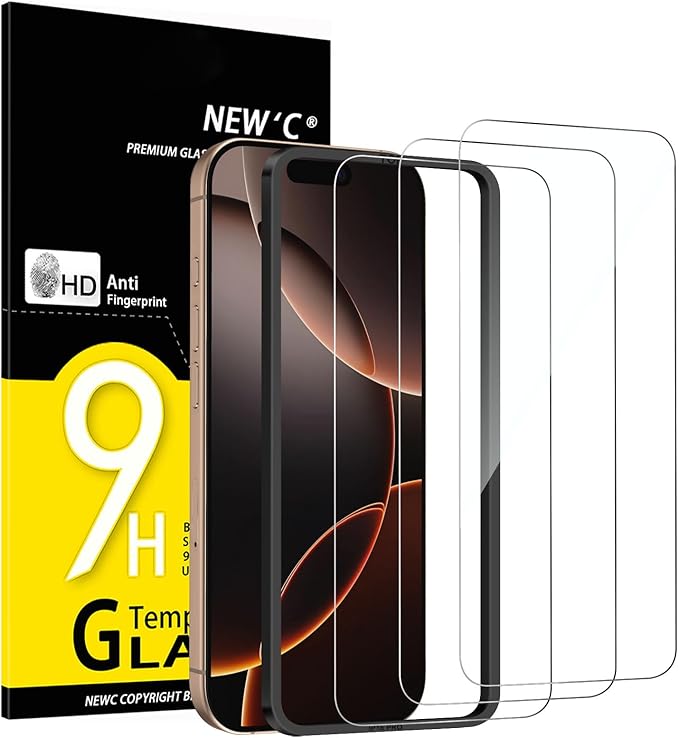 NEW'C 3 Piezas, Protector Pantalla para iPhone 17, 17 Pro, iPhone 16 Pro (6,3″), Cristal templado con herramienta de instalación fácil incluida, Antiarañazos, Antihuellas, Dureza 9H, Ultra Resistente