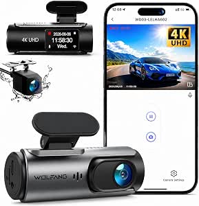 WOLFANG Cámara de Coche Delantera y Trasera 4K UHD, Dashcam de Doble Lente para Coches de 170º Gran Angular Monitor de Aparcamiento 24H con Grabación en Bucle y Sensor G