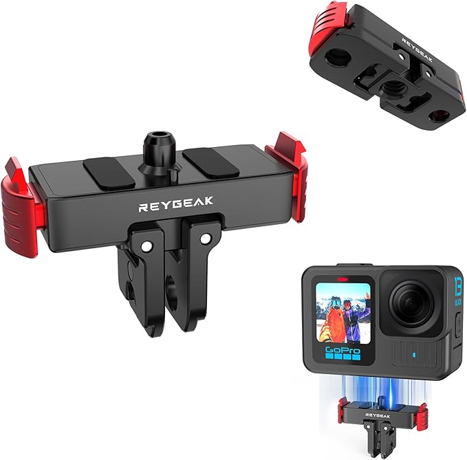 REYGEAK Soporte de cambio rápido para GoPro Hero 13, cabezal de aluminio adaptador de cámara con tornillo de 1/4", color negro y rojo
