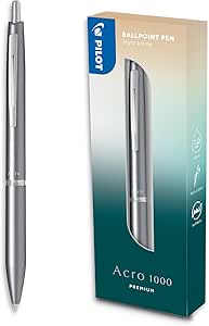 PILOT Bolígrafo premium Acro 1000 en Caja Regalo Plata - Tinta muy suave para una fluidez de escritura inigualable - Bolígrafo recargable y retráctil - Tinta negra - Punta Media