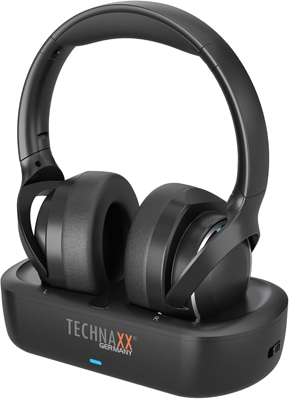 Technaxx Auriculares TV inalámbricos con Base de Carga – Cascos Bluetooth 5.4 Over-Ear con micrófono, 30h batería, USB-C, Entrada óptica y AUX – Ideales para televisión, Mayores y música - TX-350