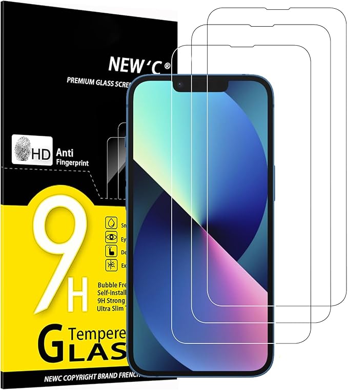 NEW'C 3 Piezas, Protector Pantalla para iPhone 14, iPhone 13, iPhone 13 Pro (6,1 Pulgadas), Cristal templado Antiarañazos, Antihuellas, Dureza 9H, 0.33 mm Ultra Transparente, Ultra Resistente