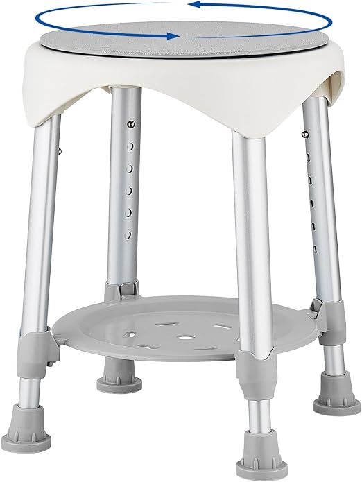 KSITEX Taburete De Ducha,Asiento De Ducha Giratorio 360°con Patas De Goma Antideslizantes,Taburete Giratorio Mejorado para Personas Mayores,Silla De Baño Ajustable en Altura en 6 Niveles con Estante