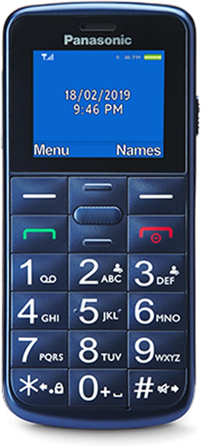 Panasonic KX-TU110EXC 2G, Teléfono Móvil Para Mayores, con Botón SOS, Llamada Prioritaria, Teléfono con Botones Grandes, Bluetooth, Linterna, Cámara, Azul