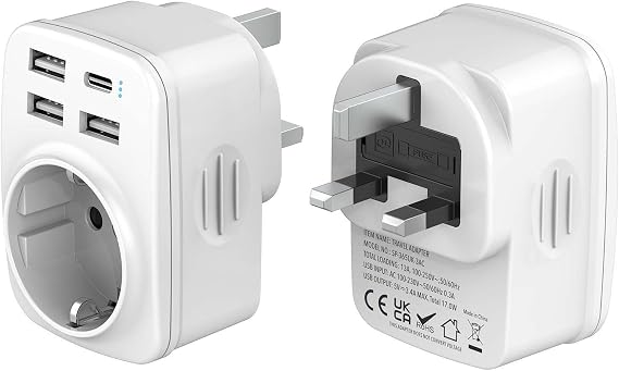 Hoppac Adaptador Enchufe UK Tipo G 5 en 1 con 3 USB-A y 1 USB-C