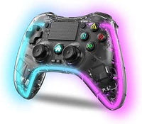 NK Mando para PS4 / PC/Android - Inalámbrico Controller con Vibración, 6 ejes, 2 botones MACRO, 7 Modos de Luz LED, Panel Táctil, Entrada para Auriculares, Cable de Carga incluido - Negro Transparente