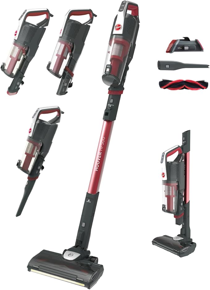 Hoover HF500 Plus Home HF522STH Aspiradora Escoba sin Cable, Accesorio 2 en 1, 45 min, Carga ultrarápida 2.5h, 15500 Pa, Dual led localizador de Polvo, Color Rojo
