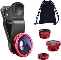 KINGMAS 3 en 1 Universal Fish Eye & Macro Clip Kit de Lente de cámara para iPad iPhone 7 6 5 Samsung Blackberry HTC y la mayoría de Smartphones (Rojo)