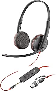 Auricular Poly Blackwire 3225 con cable - Micrófono con cancelación de ruido - Diseño estéreo - Conexión a PC/Mac/dispositivo móvil mediante USB-C, USB-A o conector de 3,5 mm - Funciona: Teams y Zoom