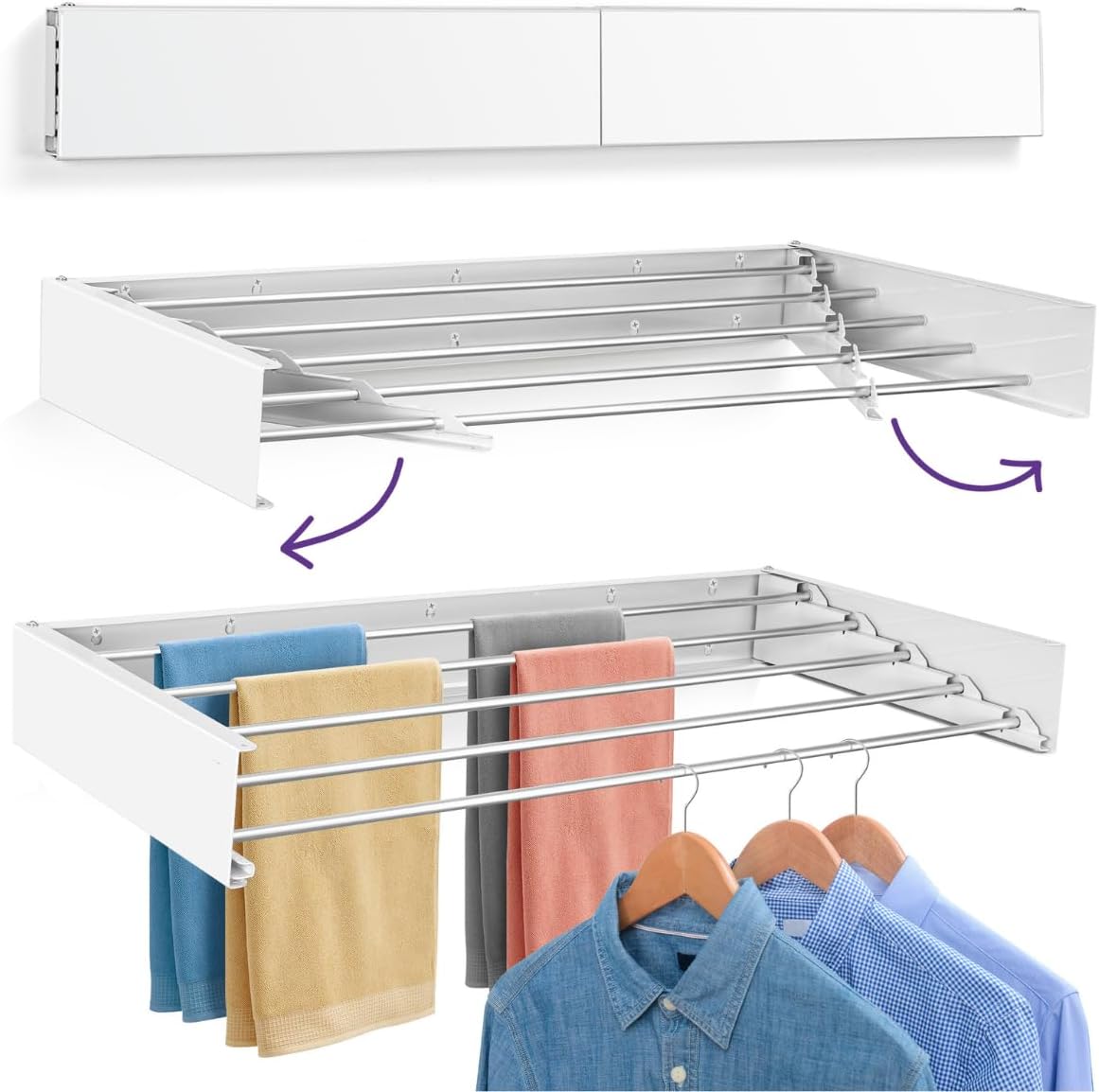 Tendedero Extensible de Pared 100cm Antioxidante - Invisible y Plegable con 5 Tubos de Aluminio, Extensible 9.5-50cm, Instalación en Pared Interior o Exterior, Instala sin Dificultad