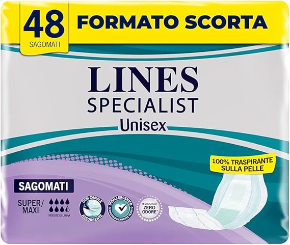 Lines Specialist, Pañales moldeados absorbentes para incontinencia mujer y hombre, 100% transpirables, cero olores, absorción alta, 4 paquetes de 12 unidades