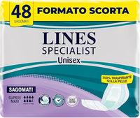 Lines Specialist, Pañales moldeados absorbentes para incontinencia mujer y hombre, 100% transpirables, cero olores, absorción alta, 4 paquetes de 12 unidades