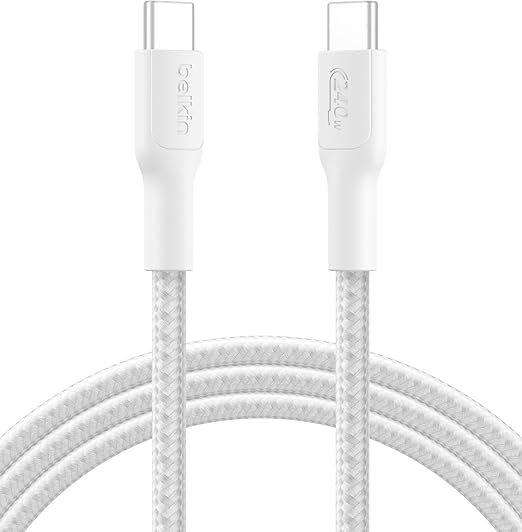 Belkin Eco Cable Trenzado C a C de 2 m y 240 W, Carga Rápida, suave y flexible para iPhone 16, Galaxy S25, Pixel 9, MacBook, IPad Pro - Blanco