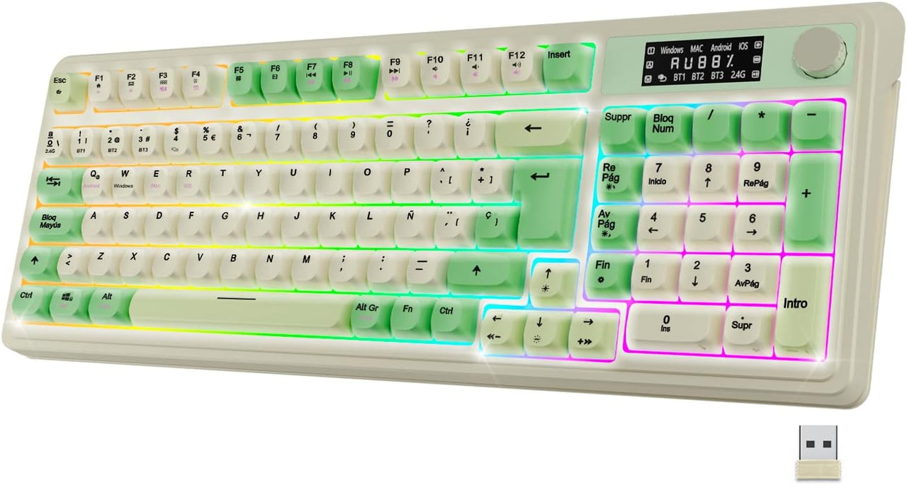NEWWAY NK251 – Teclado inalámbrico Recargable Pantalla LCD Rueda Multifunción - QWERTY español – Triple Modo (WiFi 2.4 GHz, BT, USB-C) – RGB – Receptor USB Integrado en la Parte Trasera