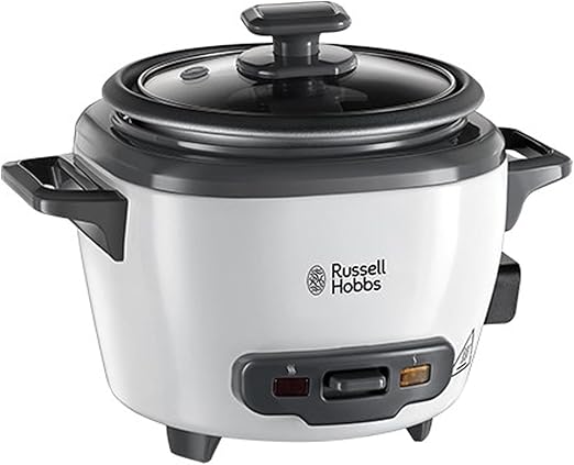 Russell Hobbs Arrocera - Capacidad 0,4 litros, 3 Raciones, Olla Arrocera Pequeña, Función Mantener el Calor, Recipiente Antiadherente, Taza y Cuchara Medidora, Tapa Cristal Templado, 200 W - 27020-56