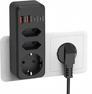 Ladron Enchufes 7 en 1,Enchufe Multiple con 4 USB,1 Schuko y 2 Enchufe EU,Ladron Enchufe Plano con USB C,Regletas Enchufes Pared,Enchufe Doble 3500W para Móvil,Familia,Oficina,Cocina,Negro