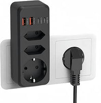 Ladron Enchufes 7 en 1,Enchufe Multiple con 4 USB,1 Schuko y 2 Enchufe EU,Ladron Enchufe Plano con USB C,Regletas Enchufes Pared,Enchufe Doble 3500W para Móvil,Familia,Oficina,Cocina,Negro