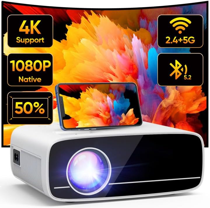 Mini Proyector 4K Compatible, AKATUO 15000L Nativo 1080P 5G WiFi Bluetooth Proyector Portatil con 50% de Zoom, Videoproyector Cine en Casa Compatible con Smartphone/HDMI/USB/Laptop/Fire TV Stick