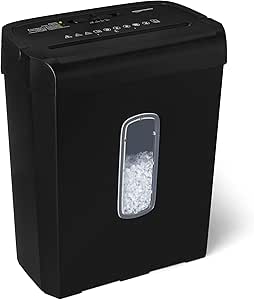 Amazon Basics Destructeur de Documents à Coupe Croisée, 6 feuilles, avec fenêtre transparente, pour documents A4 et cartes bancaires, corbeille de 14L, Noir