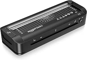 Amazon Basics Máquina de laminación térmica, 3 en 1, corta, perfora y redondea bordes, tamaño A4, 10 bolsas incluidas, enchufe de EU, Negro