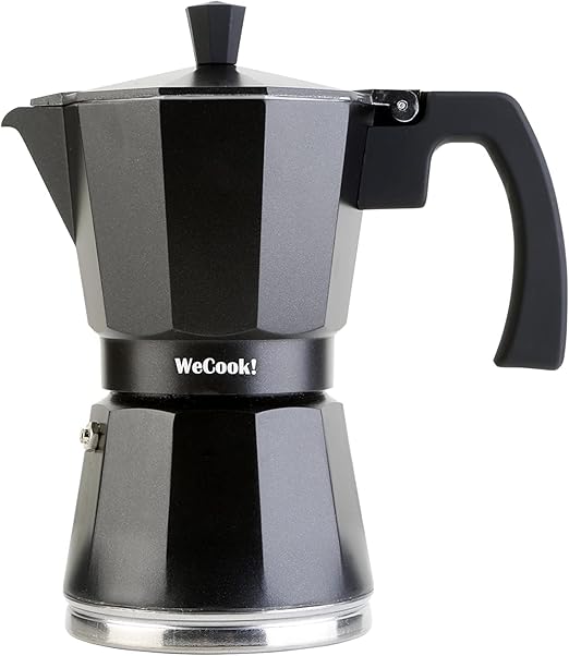 WECOOK! Luccia Cafetera Italiana, Inducción, Aluminio, Express, 9 Tazas Café, Apta para todas las Cocinas, Color Negro, Junta de Cierre de Silicona, Válvula de Seguridad