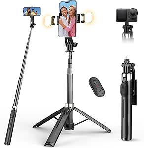 RISEOFLE 110cm Palo Selfie Tripode para Movil con Luz - Selfie Stick Extensible Portátil con Mando Inalámbrico, Compatible con iPhone/Samsung/GoPro/Cámaras