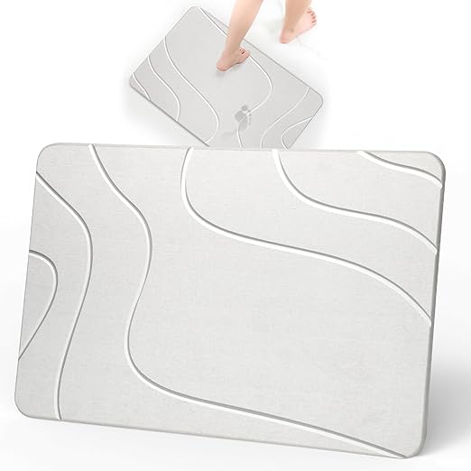 Euqvunn Alfombra Diatomita Baño 60 x 39 cm, Grosor 10 mm – Secado Rápido en 30s, Alfombra Ducha Antideslizante con Lija para Limpieza, Ideal para Baño Cocina Entrada Comederos para Mascotas – Blanco