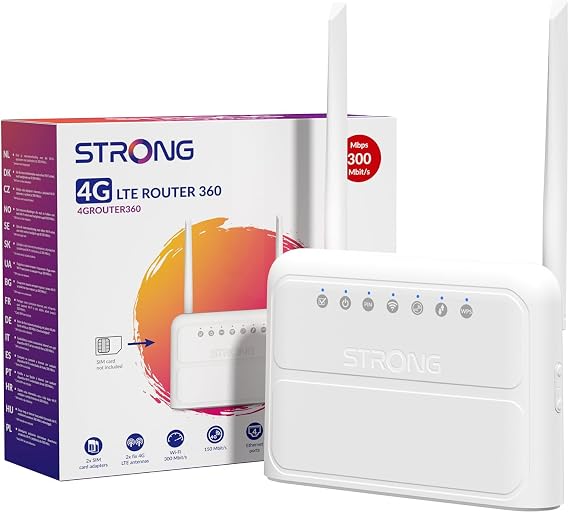 STRONG Router WiFi N300 Mbps 4G con SIM, Red 4G Cat4 LTE, Antenas Externas Fijas, Puertos WAN/LAN 100 Mbps, Router con Tarjeta SIM, Plug and Play, Red Segura (4GROUTER360)