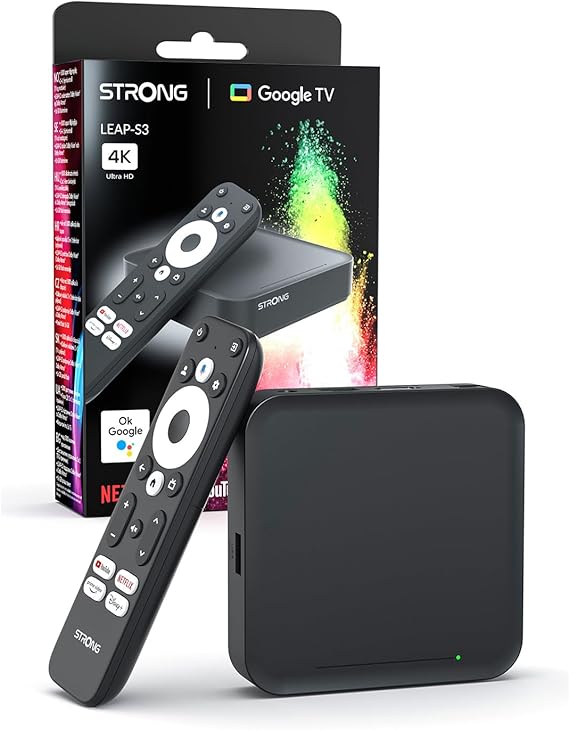 STRONG Leap-S3 TV Box Streaming 4K UHD Google TV con Puerto Ethernet, 2GB RAM + 16GB Almacenamiento, Chromecast Integrado, WiFi, Control por Voz Google, HDR10+, Dolby Atmos Y Dolby Vision