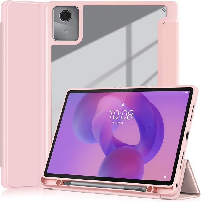 YRH Funda para Lenovo Idea Tab con porte-stylo 11 pouces 2025 [Auto Wake/Sleep] Funda arrière transparente para tablette Lenovo Idea 11" [TB336ZU /TB336FU] (Rose)