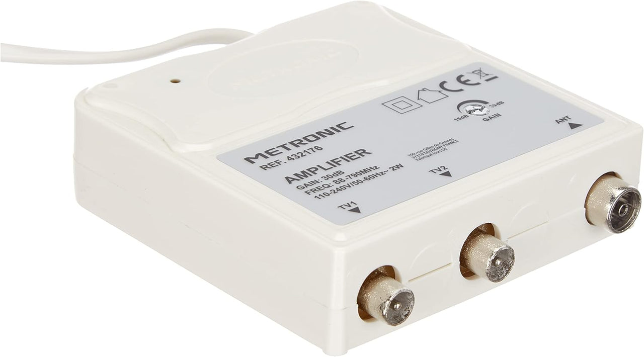 Metronic 432176 - Amplificador de interior con ajuste de ganancia FM-UHF, ganancia ajustable hasta 30 dB, protección 4G, tomas de TV, diámetro 9,52 mm, color: blanco