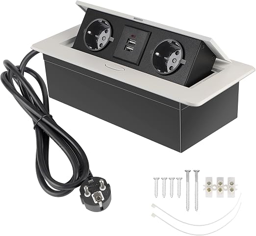 CPROSP Enchufe de Mesa USB con Tapa Deslizante, Regleta Multienchufe Retráctil para Empotrar en la Mesa Negra, Regleta de Esquina de 2 Tomas de Enchufe y 1 USB + 1 Typ C