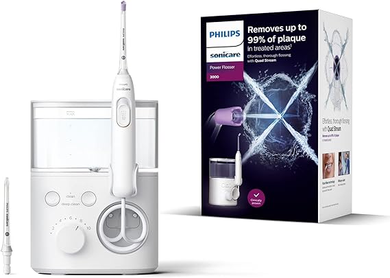 Philips Irrigador oral Sonicare Power Flosser 3000 con Tecnología Quad Stream Modelo HX3711/20,White,1 item,1.0 unidad, Blanco, con depósito