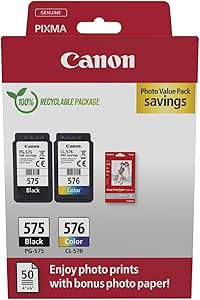 Canon PG-575 + CL-576, Cartuchos de Tinta Original, Cartucho de Tinta Independiente en Color Negro y Cartucho Multicolor, Incluye 50 Hojas Papel Fotográfico 4 x 6, Compatible con Impresoras PIXMA