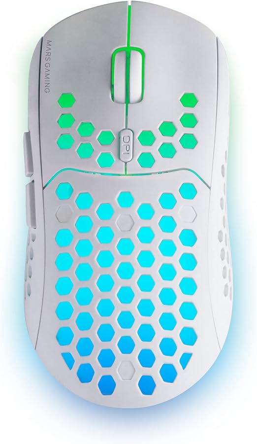 Mars Gaming MMW3, Ratón Gaming Inalámbrico Ultraligero Hive, RGB Flow, Sensor 3200 dpi, Switches Mecánicos HUANO, Batería Recargable, 2.4G USB, Blanco