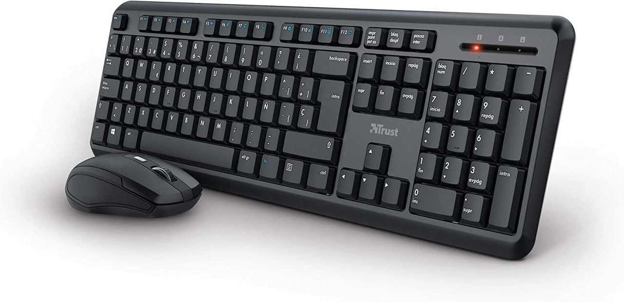 Trust Ymo Pack Teclado y Ratón Inalámbrico - Disposición QWERTY Español, Botones Silenciosos, 13 Teclas de Office y Multimedia, Un Receptor USB, Windows, Mac, PC, Ordenador Portátil, Negro