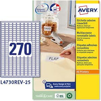 Avery España L4730REV-25 Etiquetas adhesivas papel blanco adhesivo removible sin residuos, 25 hojas A4, rectangulares 17,8x10mm, 270 etiquetas por hoja, adhesivo removible, impresora láser/inkjet